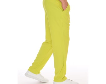 Lime Green Slim Fit Mid Rise Vintage Style Stretch Dress Pants Men's