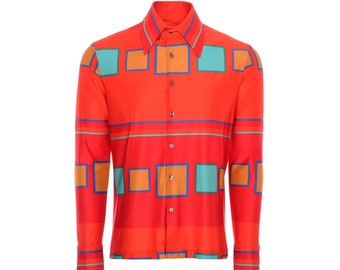 Men&#39;s Slim Fit Retro Orange Shirt with 70&#39;s Collar Button Up Long Sleeve