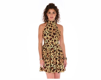 Leopard Mini Skater Dress Sleeveless | Large Animal Print High Neck Pleated Summer Dress