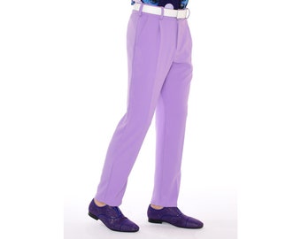Mens Lavender Purple Slim Fit Stretch Dress Pants | Retro High Waist Pleated Trousers