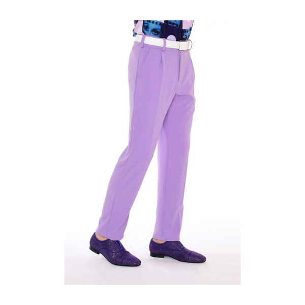 Mens Lavender Purple Slim Fit Stretch Dress Pants | Retro High Waist Pleated Trousers