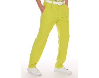 Lime Green Slim Fit Mid Rise Vintage Style Stretch Dress Pants Men&#39;s