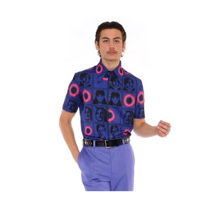 Men's Retro Purple Graphic Print 70s Shirt Short Sleeve Button Down