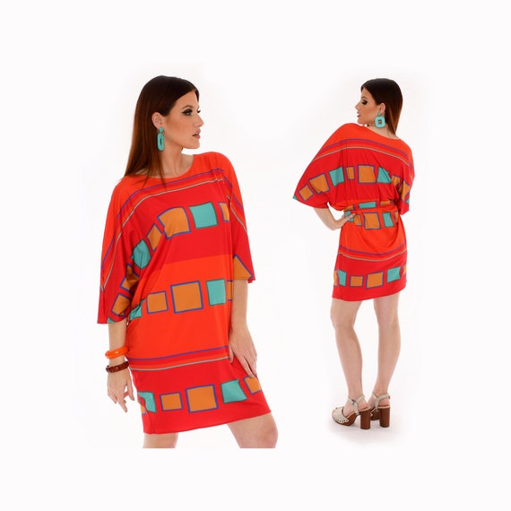 Vintage Mod Orange Batwing Mini Dress with Belt - Flowy Summer Style Vintage Mod Orange Batwing Mini Dress with Belt - Flowy Summer Style