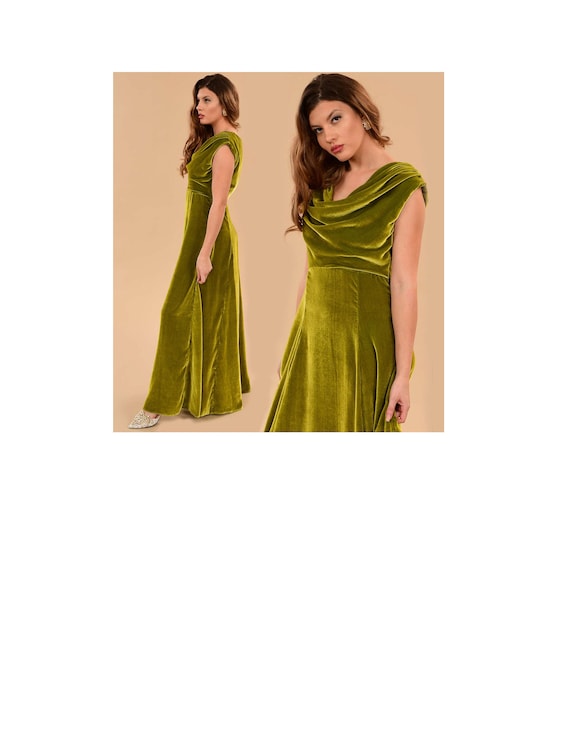green emerald velvet dress Twist Neck Open Front Velvet Draped Gown