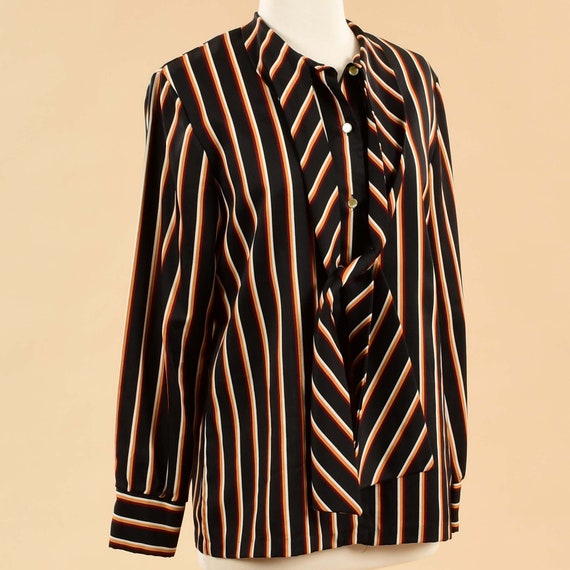 Vintage 1980s Striped Pussy Bow Blouse | 80s Blac… - image 5