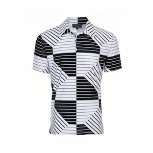 May include: A black and white striped short-sleeved polo shirt with a geometric pattern.