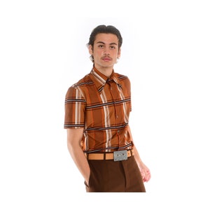 Mens 70s Retro Brown Plaid Short Sleeve Collared Button Down Shirt
