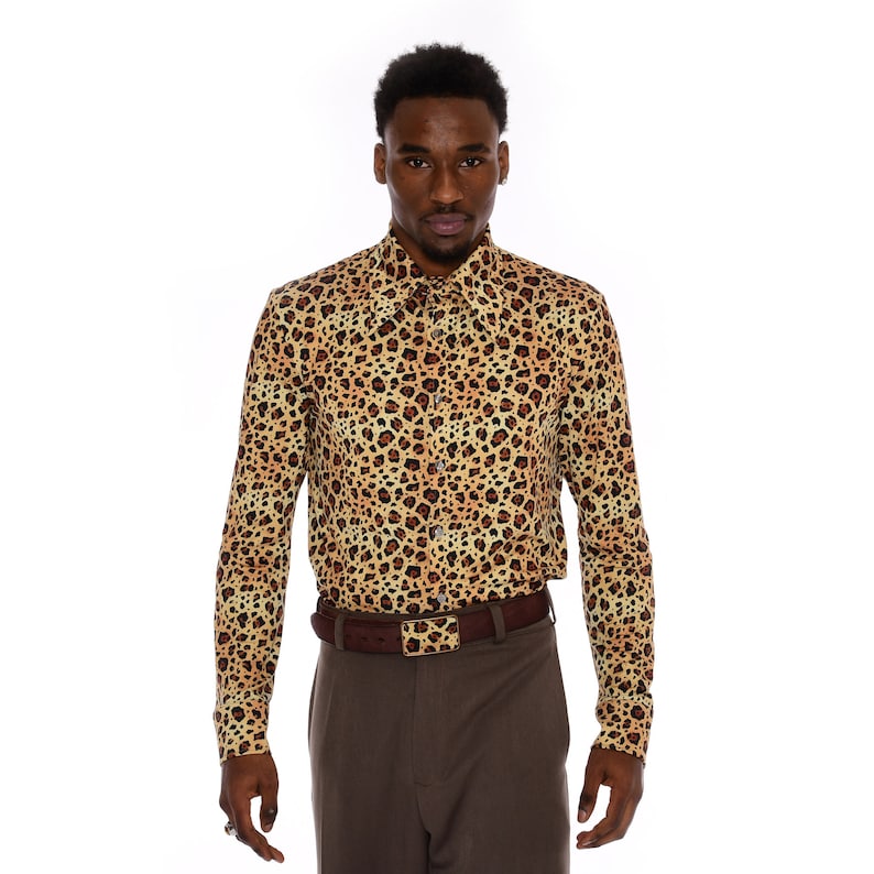Camisa masculina com estampa de leopardo | Camisa retrô de botões com estampa de leopardo | Camisa de manga comprida estilo anos 70 imagem 5