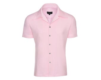Men's Pink Bowling Shirt | 60s Retro Button Down | Cotton Knit Short Sleeve