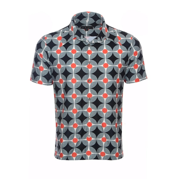 Chemise Vintage Alan Stuart Homme – Grande Taille Noire – Manches Courtes Bloc Couleur Disco