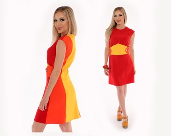 Retro 1960s Color Block Mini Dress in Red Orange Yellow for Summer