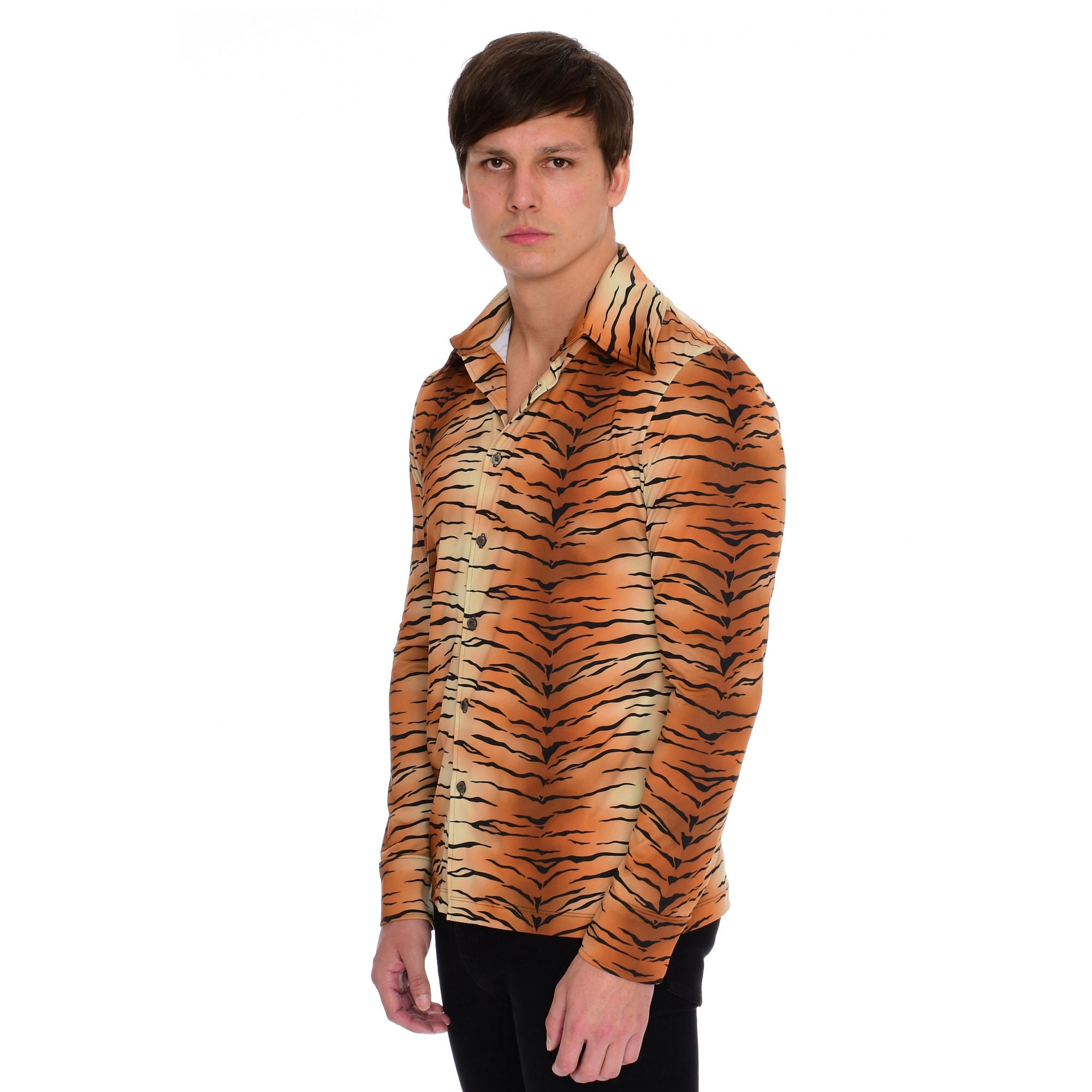 DorothyZudora Tiger Print Shirt Mens Long Sleeve Button Up Stretch Jersey Vintage 70s | Year of The Tiger Dress Shirt | Size Xs S M L XL 2XL 3XL