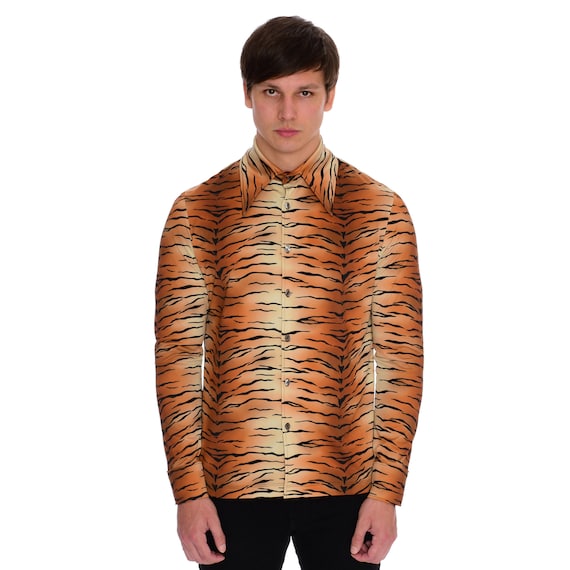 Tiger Print Shirt Mens Long Sleeve Button up Stretch Jersey 