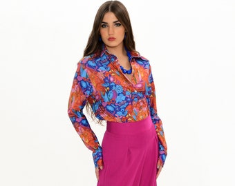 Blusa de mujer con estampado psicodélico / Blusa retro de los años 70 con botones / Blusa vintage de manga larga