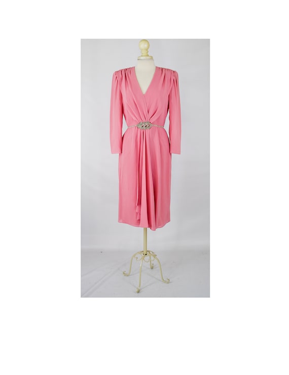 Vintage 1970s Halston Style Dress | 70s Pink Rhin… - image 1