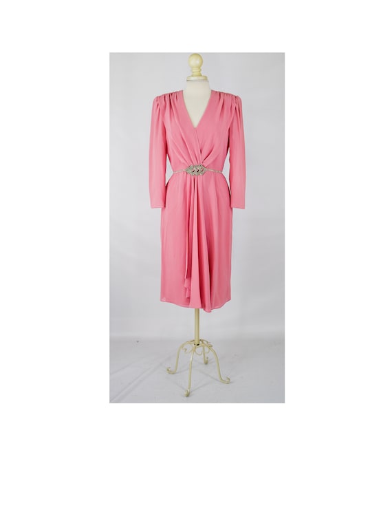 1970s Halston Style Cocktail Dress | Pink Rhinestone Formal Dress, Size Small/Medium