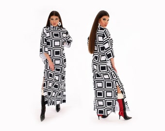 60s Mod Print Maxi Dress with Bell Sleeves and Side Slit