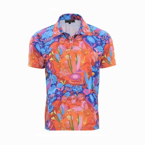 May include: A short-sleeved, blue, orange, pink, and green patterned polo shirt with a button-up collar.