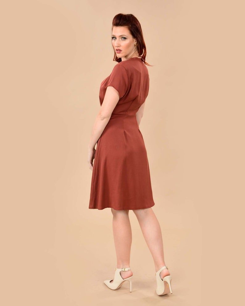 Vintage Style Midi Day Dress Fall Brown Short Sleeve Dress | Etsy
