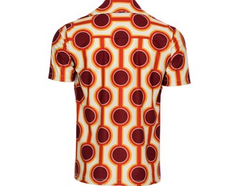 Men's Brown Geo Print Bowling Shirt 60s Vintage Print Camp