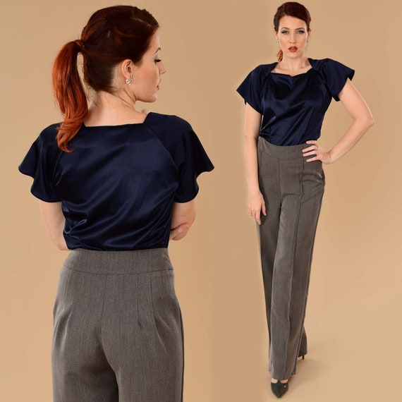 Gray High Waist Dress Pants Women's Vintage Style Wide Leg