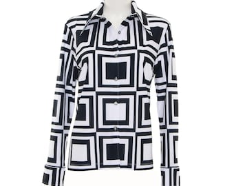 Damesblouse met geometrische print | Retro jaren 70 button-down | Zwart wit mod-shirt