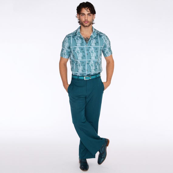 Men's Vintage-inspired Teal High-waisted Wide Leg Gabardine
