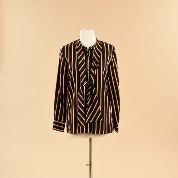 Vintage 1980s Striped Pussy Bow Blouse | 80s Blac… - image 2