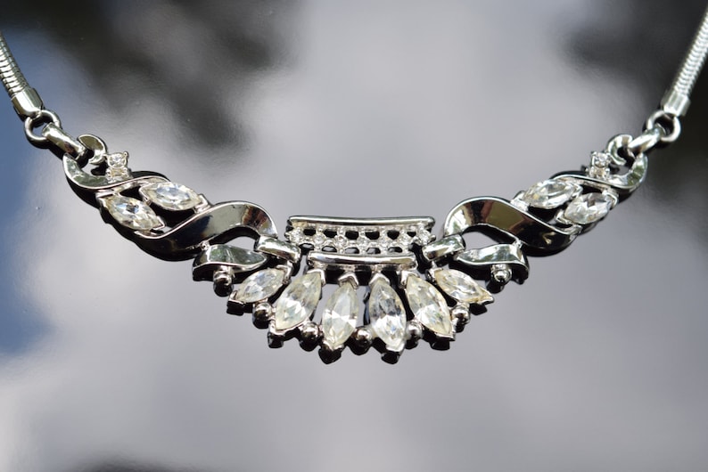 Trifari Coronet Necklace Trifari Silver Tone Snake Chain Necklace Trifari Silver Tone Rhinestone Necklace Circa 1950