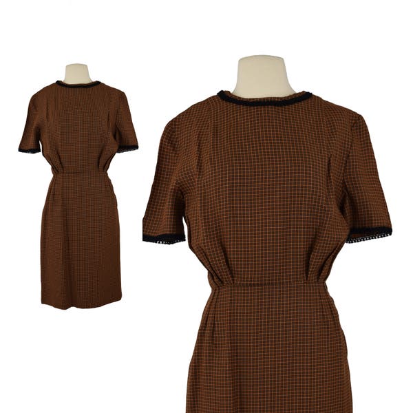 Vintage 1950s Plaid Wiggle Dress | 50s Brown Black Knee Length Pencil Dress | Retro Short Sleeve Preppy Secretary Dress | Size Small S