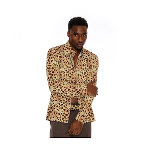 Vintage Long Sleeve Stretch Jersey Leopard Print Button Up Shirt Men&#39;s Sizes XS-3XL