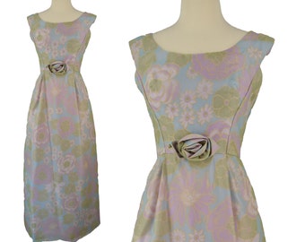Vestido largo vintage de tafetán floral de los años 60 / Vestido formal sin mangas, talla XS