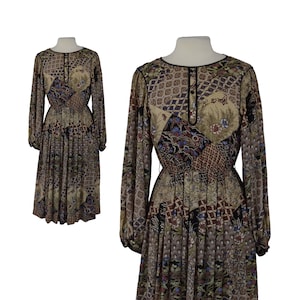 Vintage 1980s Floral Midi Dress | Retro 80s Asian Rayon Secretary Dress | Vintage Long Sleeve Pleated Day Dress | Size XS Small