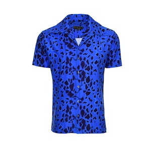 60s Blue Dart Frog Club Shirt Retro Animal Print Button Down for Men