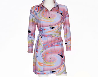 Vestido camisero psicodélico para mujer / Estampado multicolor en espiral / Estilo vintage de los años 70