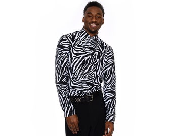 Mens Zebra Print Shirt Long Sleeve Button Down Stretch Jersey Vintage 70s | Zebra Dress Shirt | Going Out Shirt | Size XS S M L XL 2XL 3XL