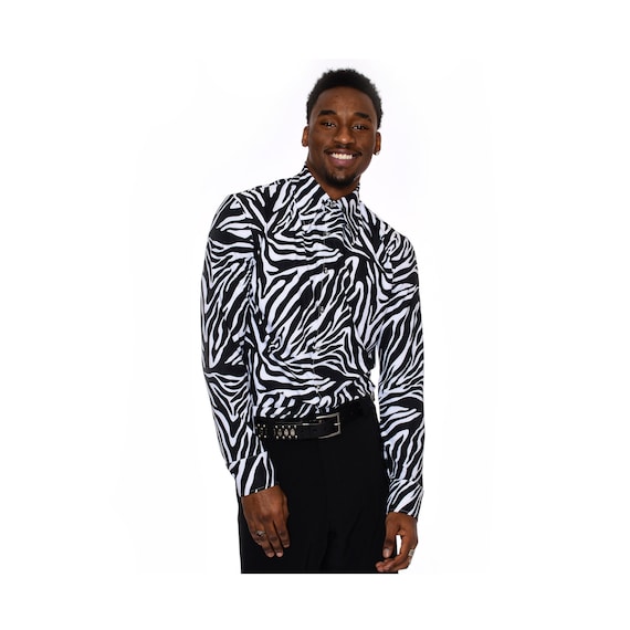 Camisa de jersey elastico con botones y manga larga con estampado de cebra para hombre estilo vintage de los anos 70 tallas XS a 3XL Etsy Mexico