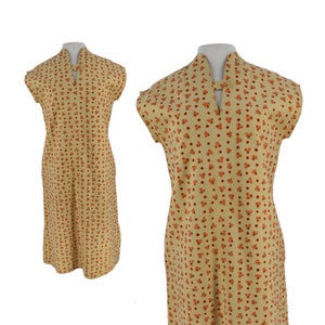 Vintage 1970s Suede Mini Dress | Retro 70s Boho Tan Polka Dot Shift Dress | Vtg Bohemian Short Sleeve Abstract Print Dress | Size Large L