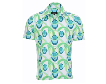 Camisa de hombre con estampado geométrico / Verde aguamarina estilo retro con botones / Manga corta estilo años 70