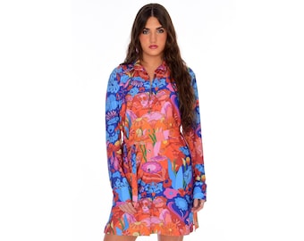 Vestido camisero de mujer con estampado psicodélico / Estilo retro mod de los años 70 / Camisa abotonada de colores vivos