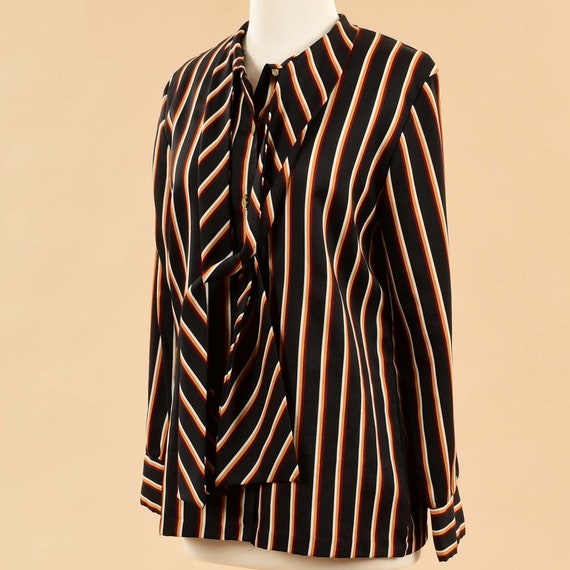 Vintage 1980s Striped Pussy Bow Blouse | 80s Blac… - image 4