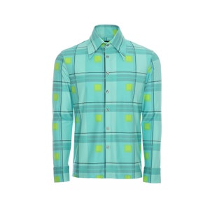 70's Men's Green Plaid Button Up Collared Shirt with Long Sleeves
