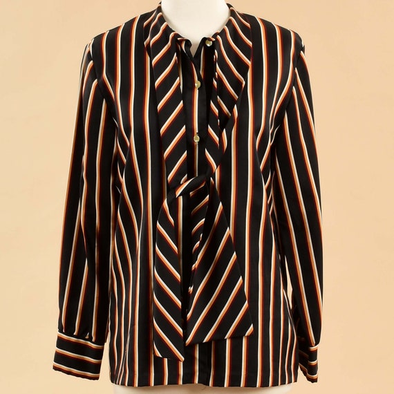 Vintage 1980s Striped Pussy Bow Blouse | 80s Blac… - image 3