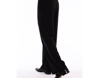 Men's Retro 70s Black Gabardine Wide Leg Trousers | Stretch