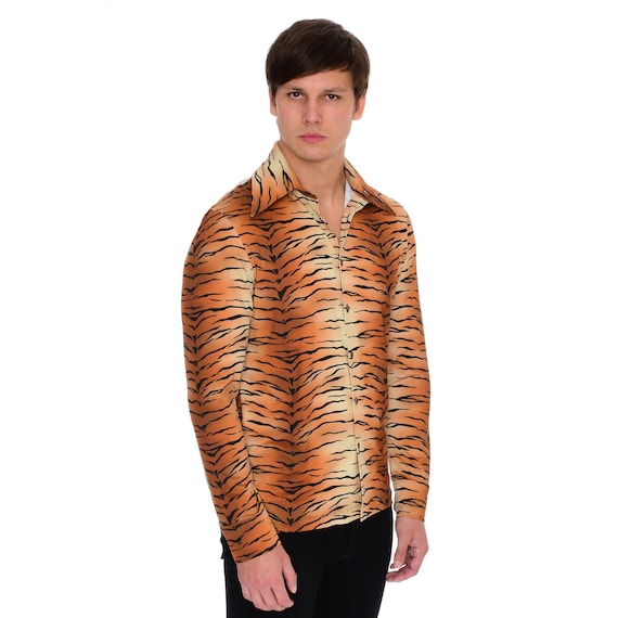 DorothyZudora Tiger Print Shirt Mens Long Sleeve Button Up Stretch Jersey Vintage 70s | Year of The Tiger Dress Shirt | Size Xs S M L XL 2XL 3XL