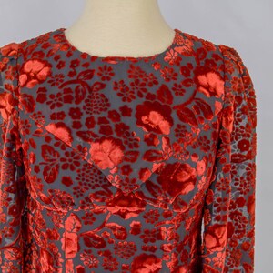 Vintage 1960s Velvet Cocktail Dress 60s Mod Red Rose Print Valentine's Day Dress Retro A-Line Semi Sheer Evening Dress Size Small S XS image 5