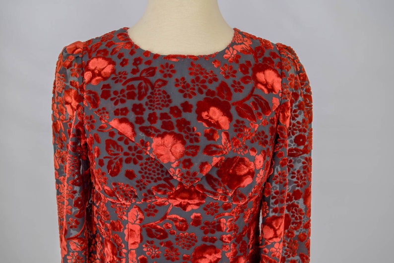 Vintage 1960s Velvet Cocktail Dress 60s Mod Red Rose Print Valentine's Day Dress Retro A-Line Semi Sheer Evening Dress Size Small S XS image 5