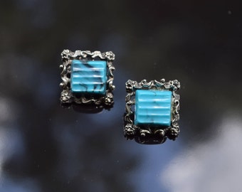 Vintage 1950s Art Deco Earrings | Retro 50s Turquoise Silver Tone Earrings | Mid Century Square Stone Clip on Earrings