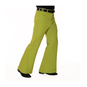 May include: Lime green flared pants with a black belt. The pants have a high waist and a wide leg opening. The person is wearing black shoes. The pants are made of a smooth fabric.